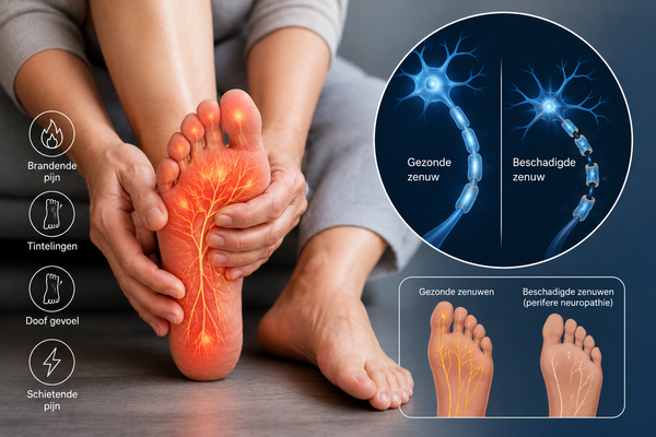 neuropathie met zenuwbanen in de voet en vergelijking tussen gezonde en beschadigde zenuw.