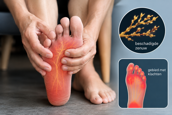neuropathie in de voet met zenuwbanen en pijnzones onder de voetzool.